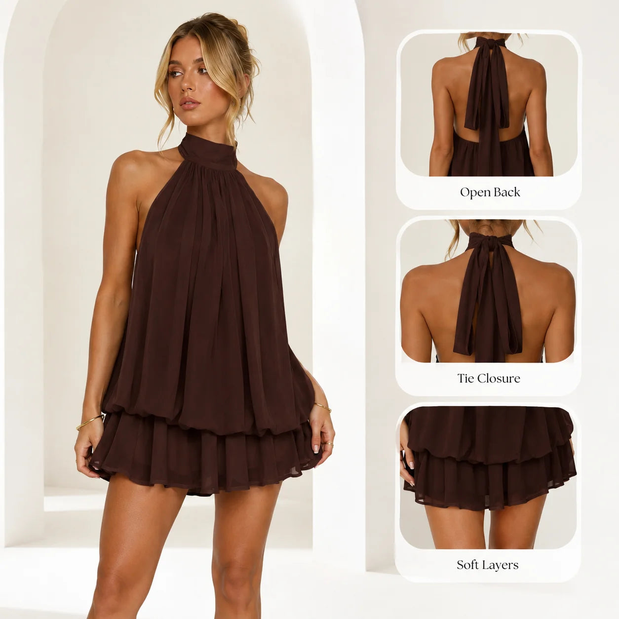 Womens Summer Dresses Halter Tie Mini Dress With Built-in Shorts, Chiffon Elegant A-Line Backless Sundress