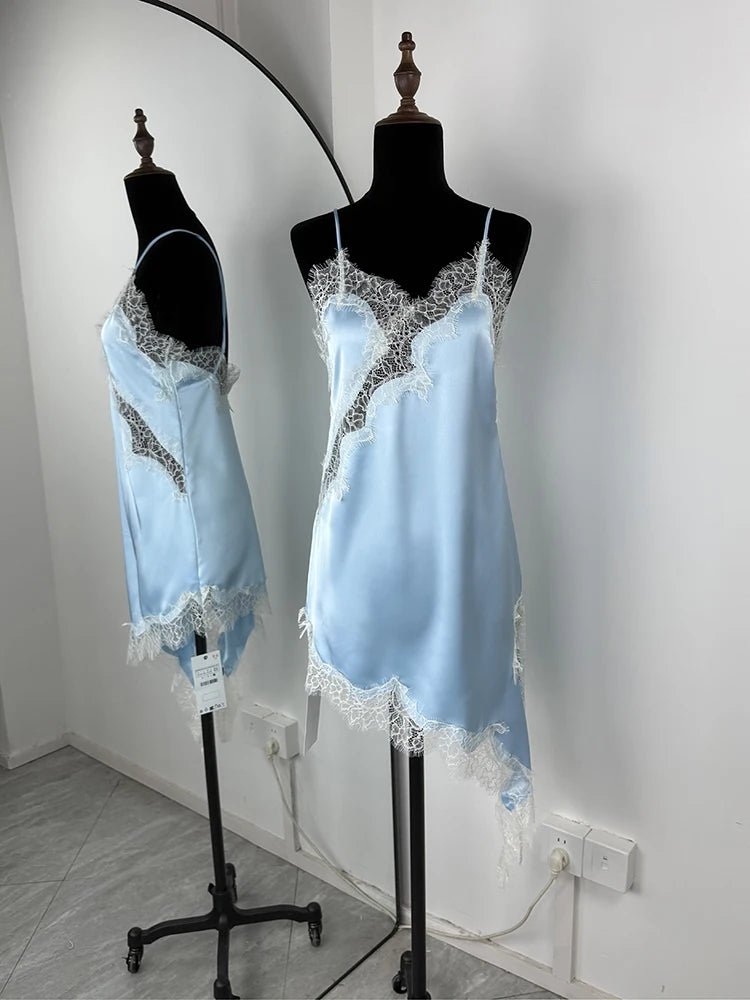 Tuularose Women's Lace Spaghetti Strap Dress Sexy Sleeveless Lace Patchwork Asymmetrical Dress Summer Party Looks Elegant Dress