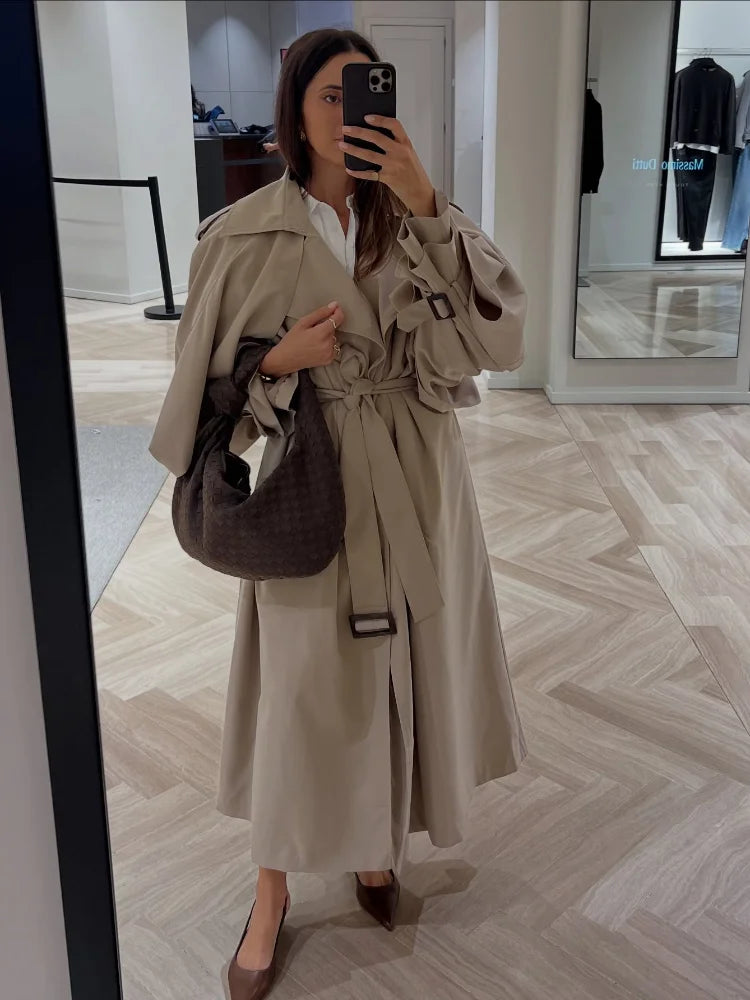 Casual Lace Up Long Trench Coat Women Chic Solid Color Full Sleeve Lapel Windbreaker 2026 Fall New Fashion Loose Commute Jackets