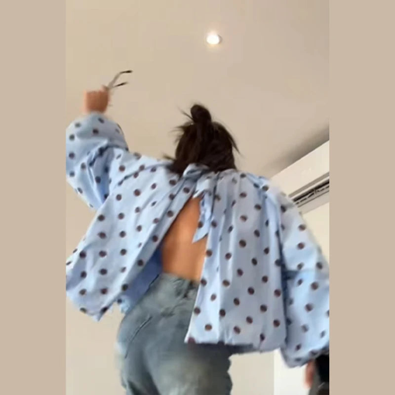  Women High Neck Puff Sleeve Blouse Light Blue Polka Dot Loose Fit Casual Top Stylish Girl Summer Date Commuter Casual Clothes