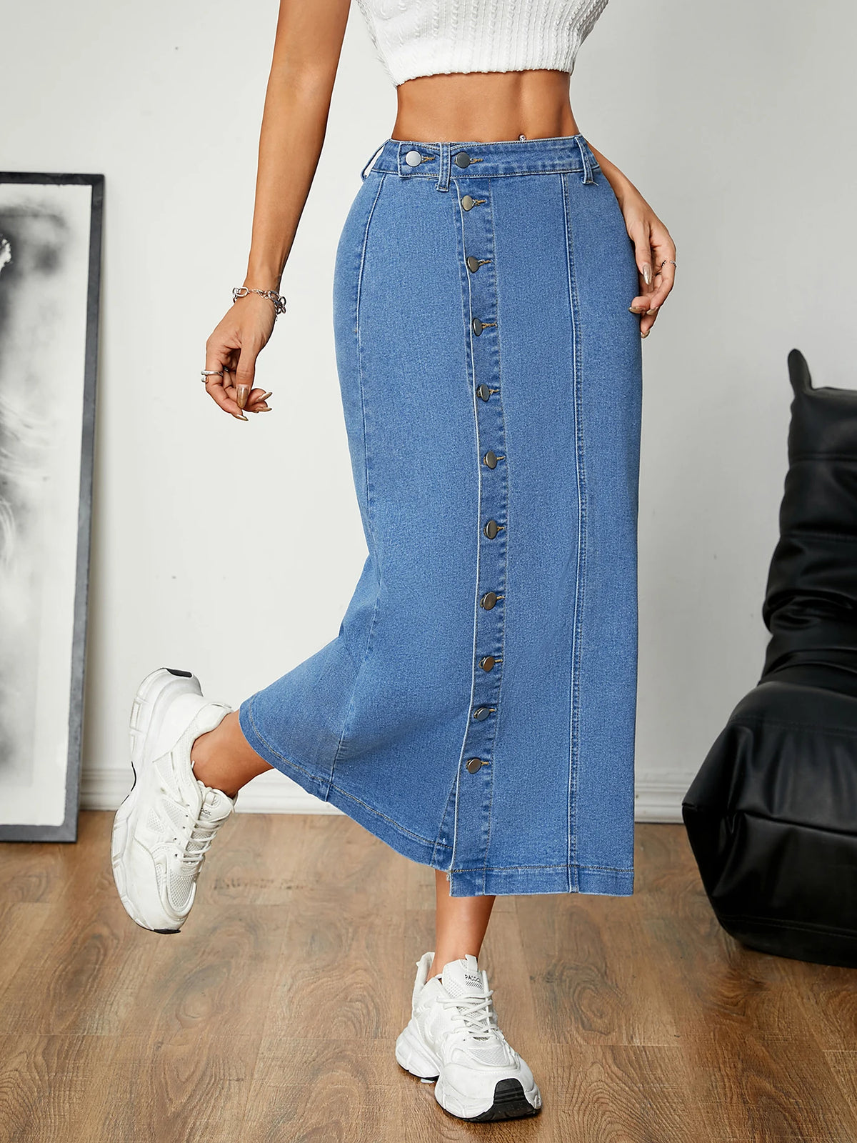 Women's Straight Cut Denim Skirt with Button Details Versatile Buckle Style Elastic Comfortable Mid-Length Casual Skirt