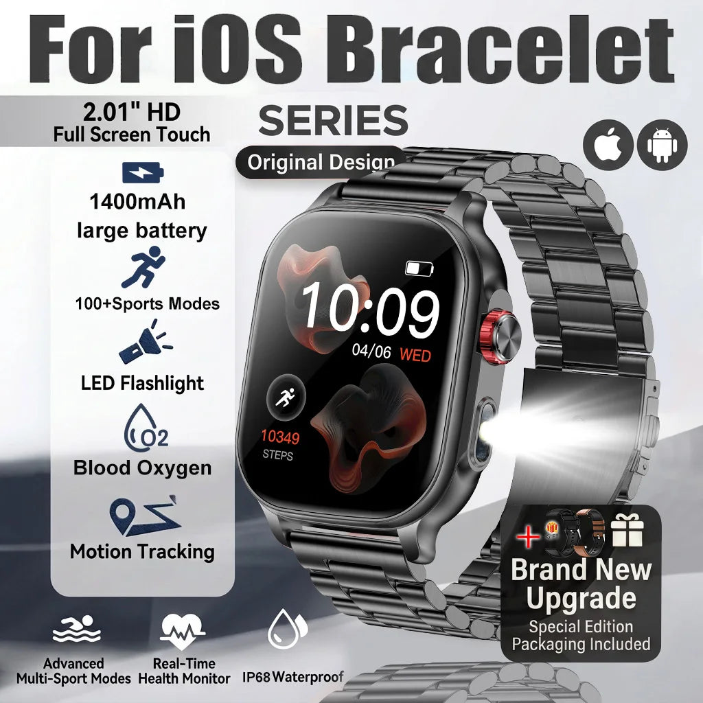 New1400mAh Military Grade Smart Watch 600 hours Battery Life 5ATM Waterproof BT Call Alert LED Flashlight 100+Sports Watches Men
