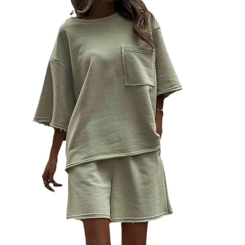 Women Two Piece Sets Short Sleeve Round Neck Loose T-shirts+Wide Leg Shorts Summer Female Sports Outfits Casual Loose Tracksuit