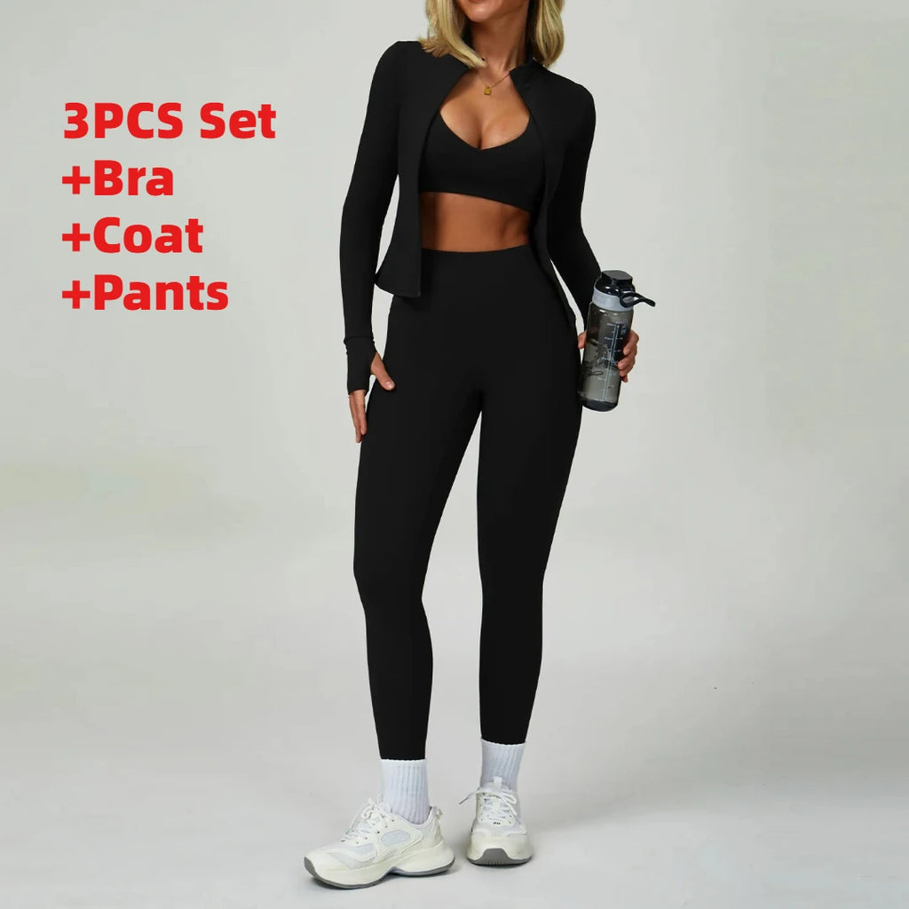 3PCS Women's Yoga Set Peach Hip Sports Jacket Shorts Fitness Set Tight Sports Bra Pants Set Workout Gym Leggings Sports Yoga Set