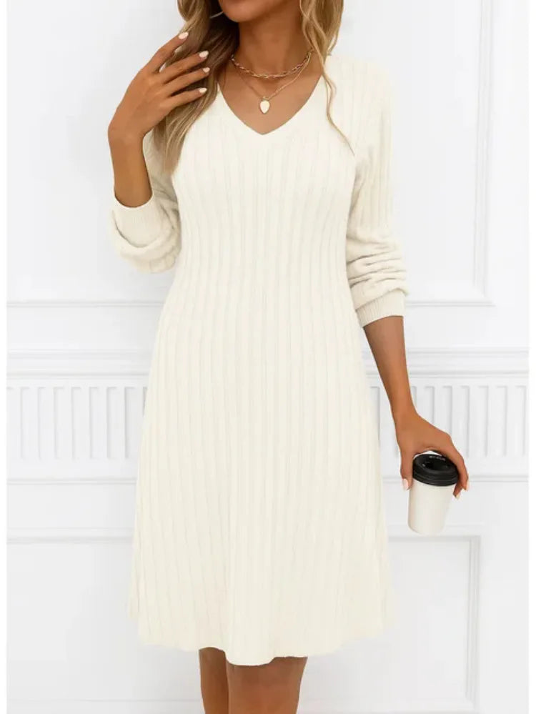 Spring 2026 Commuter Style Fleece Dress High Waist Slim Fit Midi Skirt Women's V-neck Long Sleeve Polyester Knitted Dress