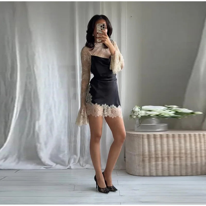 Sexy Color Block Bodycon Dress Women's Lace Insert Full Sleeve Y2K Mini Dresses 2025 Autumn Lady New Elegant Party Clubwear