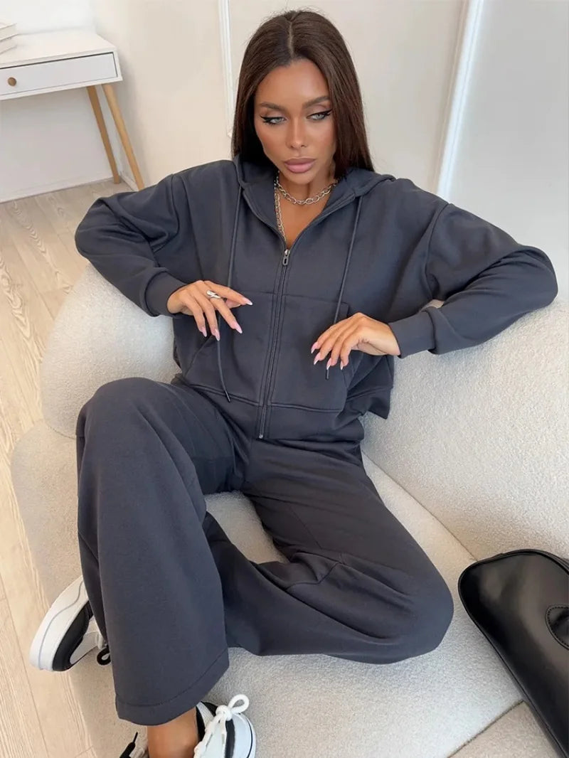 Fashion 2 Piece Sets Women Outfit Autumn Clothing Women 2026 Zip Hooded Sweatshirt Top and Pants Suit Casual Tracksuit Woman Set