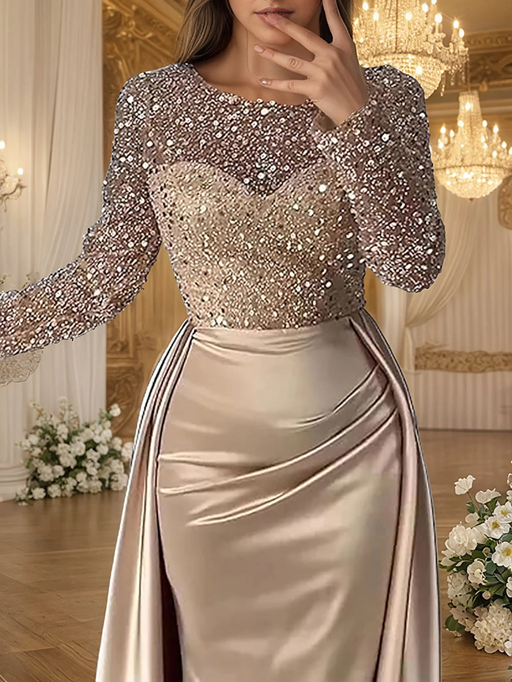 Glamorous Sequin Evening Dress For Women Crew Neck Gold Long Sleeve Ruched Tiered Bodycon Formal Prom Dress Wedding Maxi Dresses