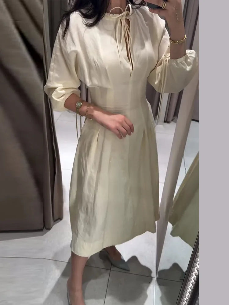 Casual Cotton Midi Dress Women O Neck Lace Up Lantern Sleeves Slim Waist A Line Robe Female 2026 Summer New Chic Solid Dresses