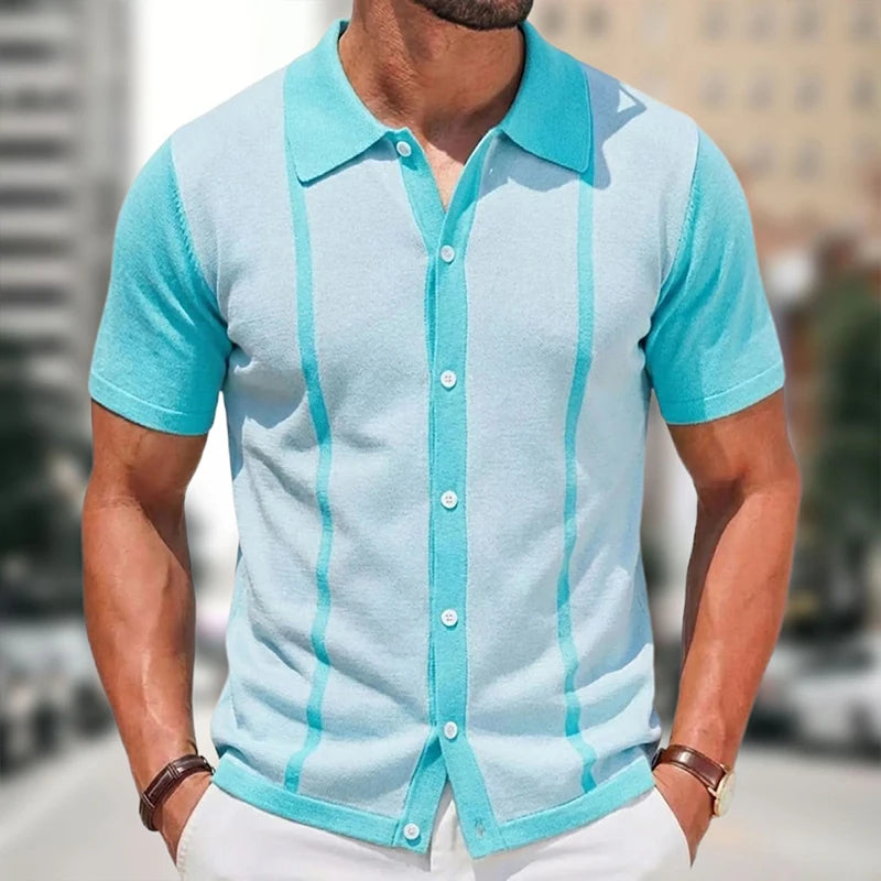 Summer Men Knitted Cardigan Polo Shirts Short Sleeve Striped Jacquarded Business Shirts American Retro Premium Quality Knitwear