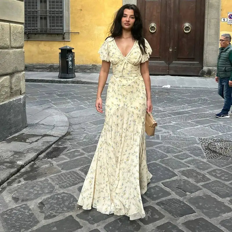 Fashion Women's Dress V-neck Short Sleeve Slim Female Print Floral Dresses 2026 Summer Sexy Elegant Holiday New Party Lady Robe