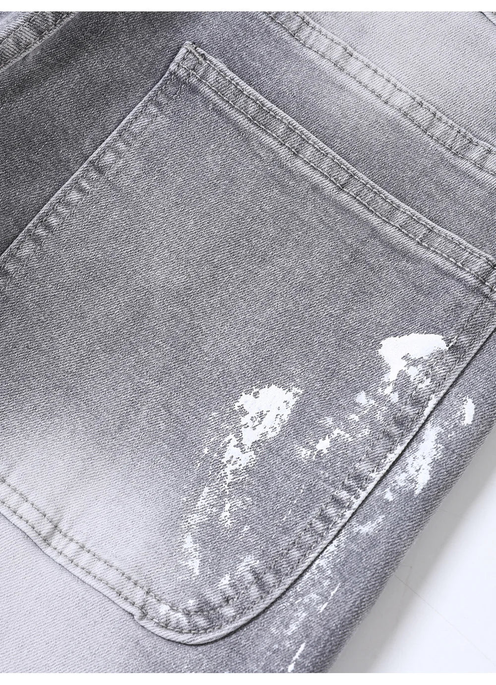 Men Painted Flared Denim Jeans Spliced Slim Boot Cut Pants Vintage Grey Cotton Released Hem Trousers