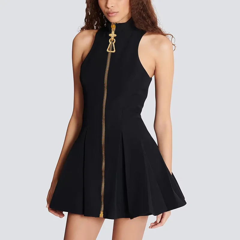 Sexy Pure Desire Vest Short Skirt Women's Dress High Waist No Sleeve round Neck Polyester Fiber Pure Color Autumn New Design