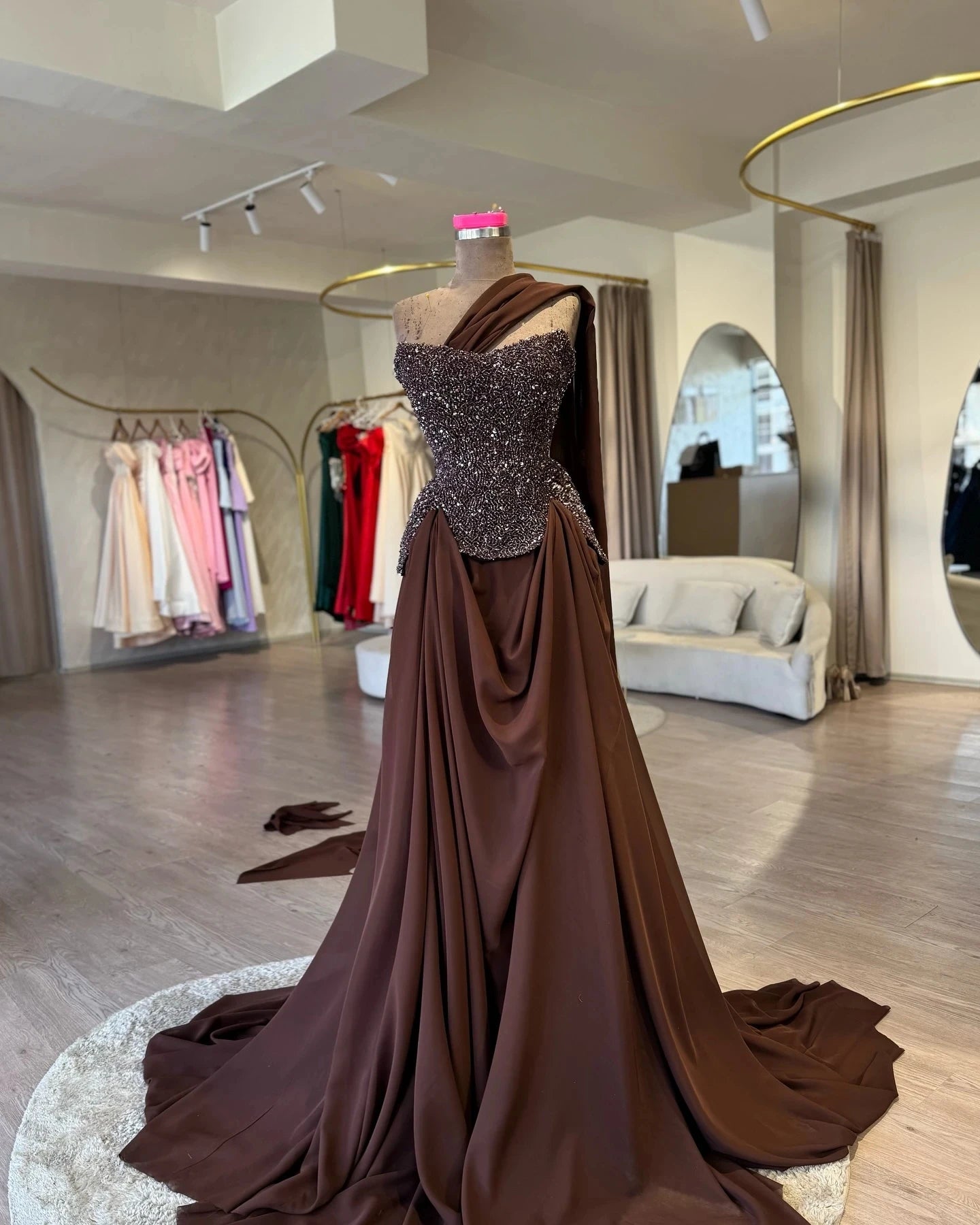 Coco Colored Arabic Party Dress Chiffon A Line Custom Made Elegant Evening Gowns Bead Sequin Long Prom Dresses Cloak Sleeveless