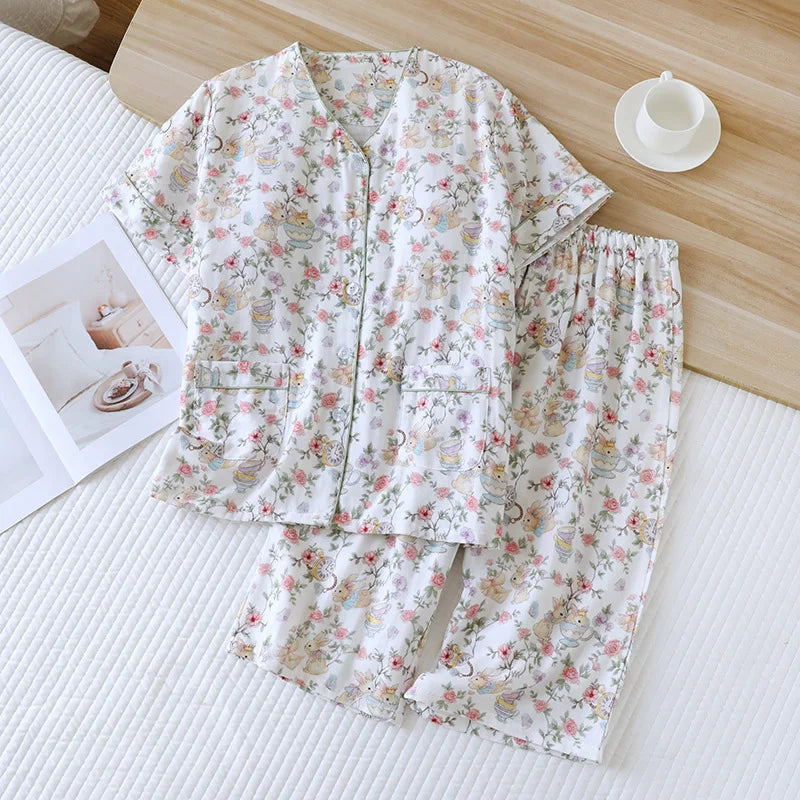 2026 Summer Women's Pajama Set 100% Cotton Double layer Gauze with Chest Cushion Short Sleeve+Seven piece Pants Two piece Set