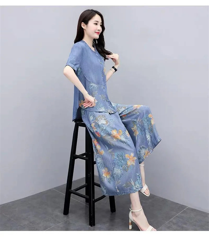 Ethnic Style Denim Wide Leg Pants Sets For Women Spring Summer NEW Embroidery Cowboy Jacket +Jeans Pants Suits Female Outfits