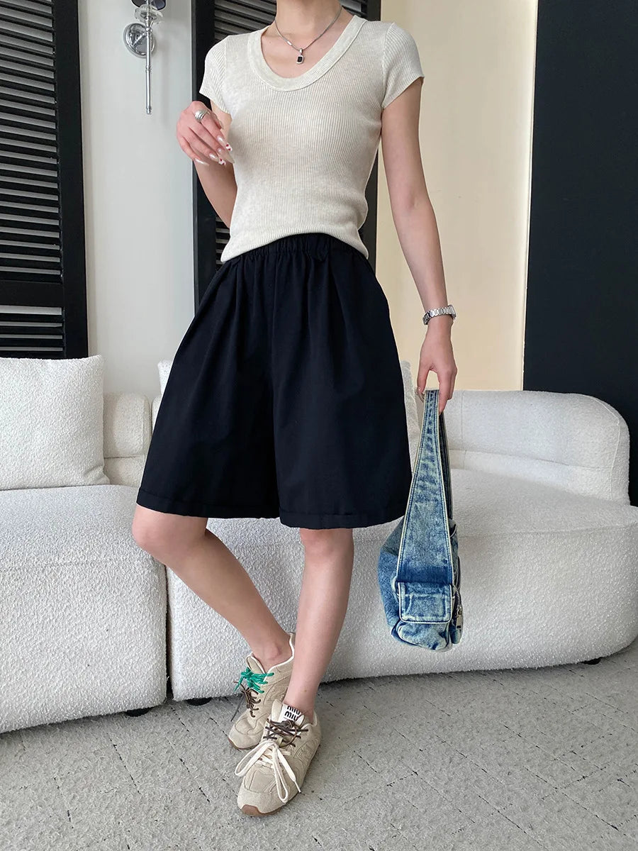 Summer women's relaxed loose wide leg A-line casual shorts versatile