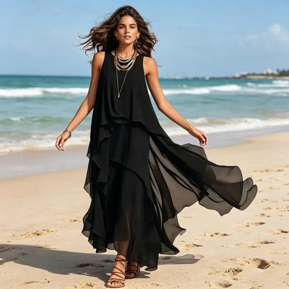 Elegant Chiffon Dress Women Loose Fit Summer Dress Women's Flowy Chiffon Dress Sleeveless Crew Neck Gown Asymmetrical Hem Summer
