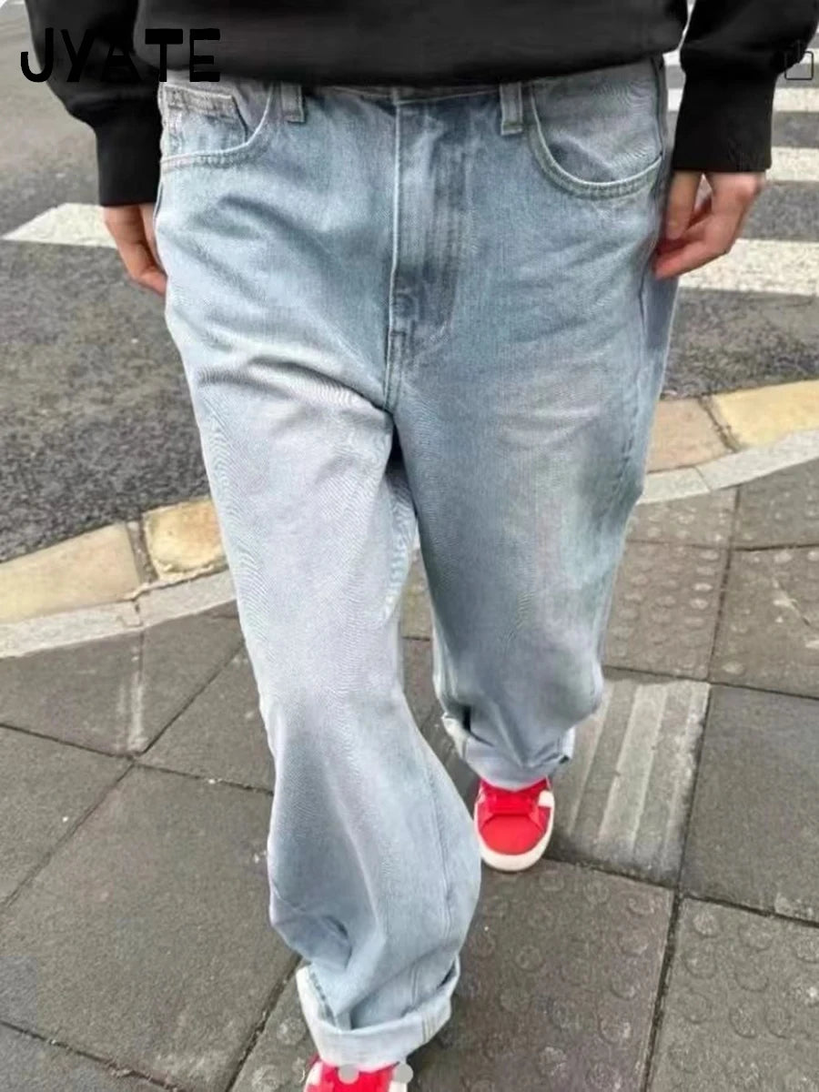 American Vintage Distressed Jeans Women Summer High Waist Pockets Straight Denim Pants Streetwear Loose Retro Baggy Trousers Y2K