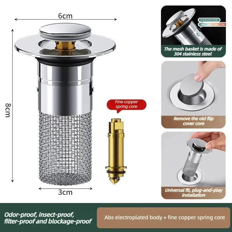 Stainless steel filter washbasin leak proof plug bathroom kitchen sink floor drain plug, equipped with copper core rebound valve
