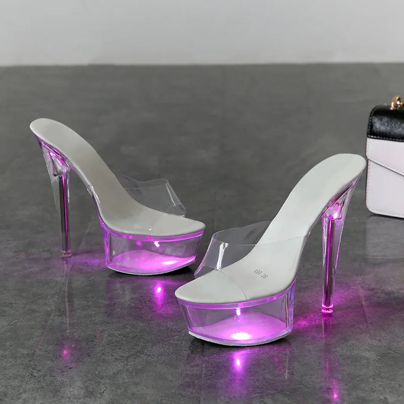 Sexy Crystal Heel Slippers Transparent High Heels Nightclub Performance Show Shoes PU Material Waterproof Platform Rubber Sole