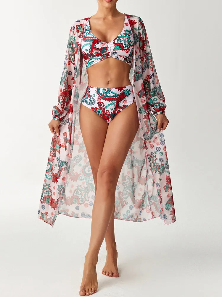 Bikini Women Swimsuit 2026 New Print Sling Bikini Set Sexy High Waist Swimwear Summer Long Sleeve Mesh Beach Bathing Suit Female