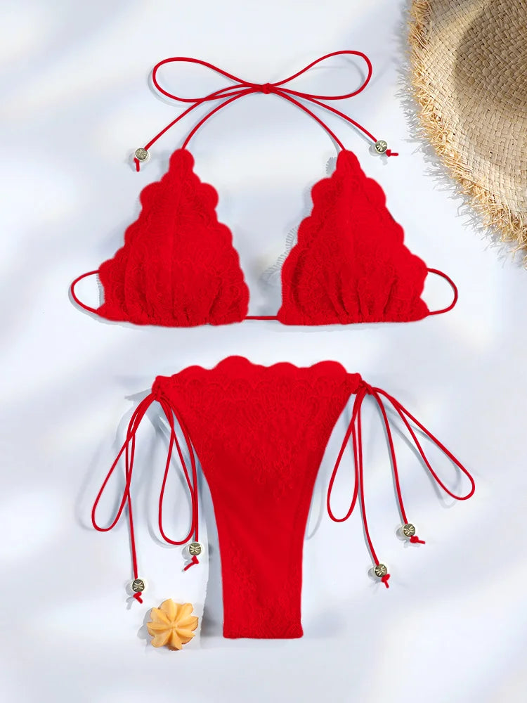 Miyouj Bandage Bikini Sets Triangle Bathsuits Low Waist Bathwear Solid Color Swimwear Women's Swimsuits High Cut Two-Piece Sets