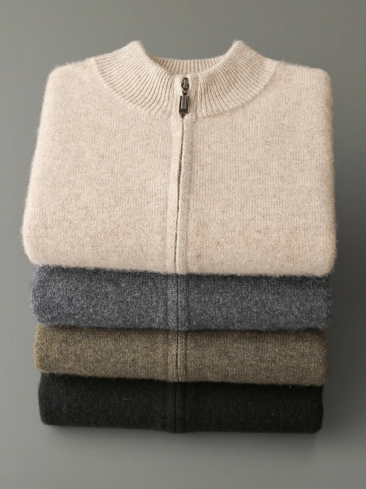 Men's 100% Merino Wool Two-piece Suit Autumn Winter Knitting Zipper Cardigan and Straight-leg Pants Warm Thickened Clothing Sets