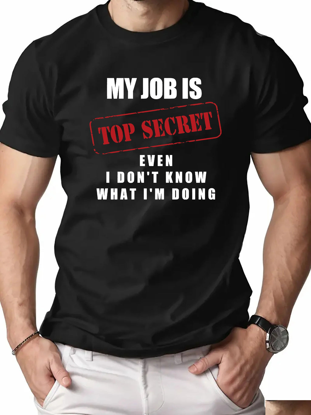 Men's summer 100% pure cotton fashionable casual loose sports. My job is a top secret printed round neck short sleeved T-shirt