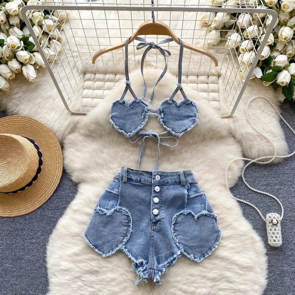 Retro Women Bikini Denim Suits Summer Halter Camis Mini Short Pant Fashion Vacation Suits Sexy Comfortable