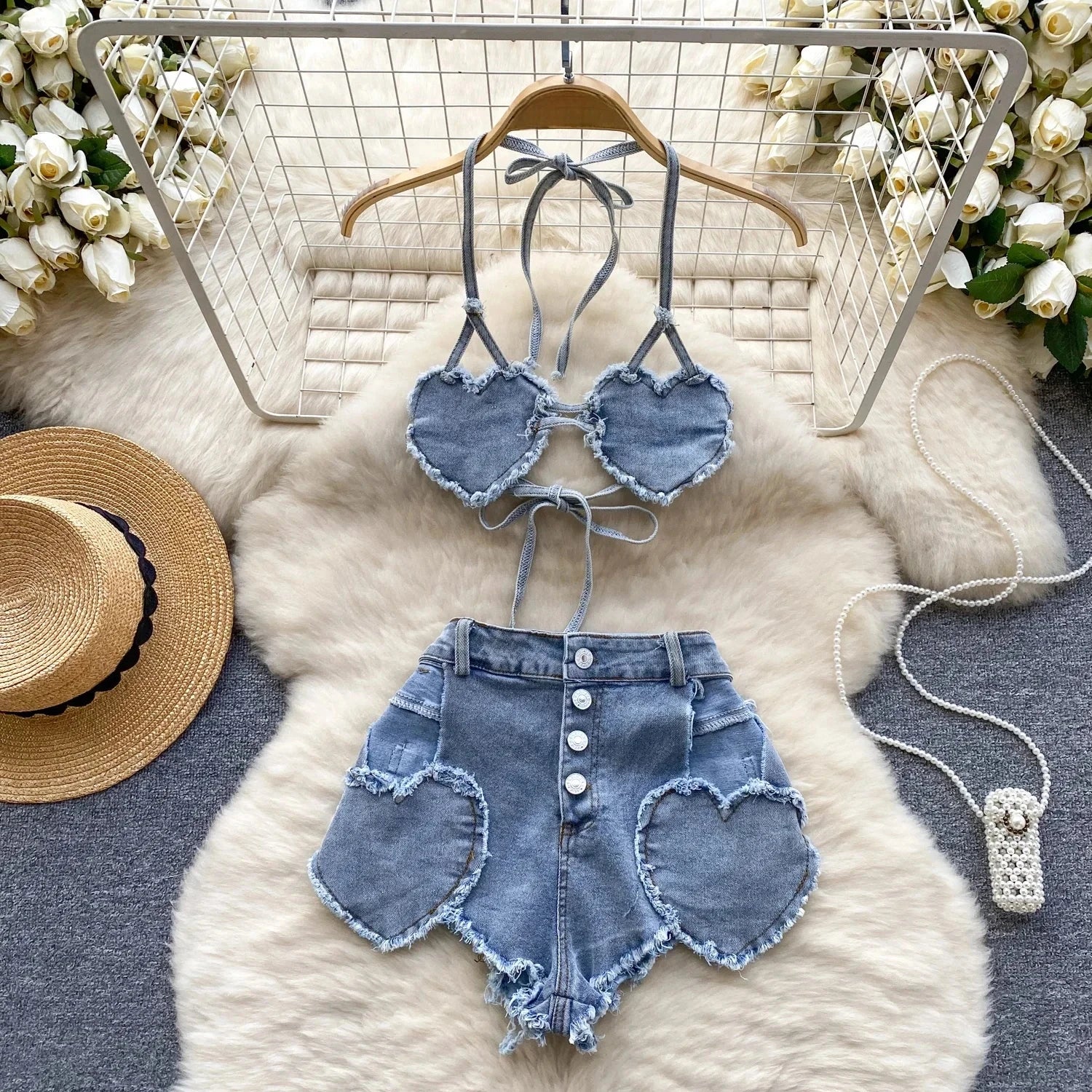 Retro Women Bikini Denim Suits Summer Halter Camis Mini Short Pant Fashion Vacation Suits Sexy Comfortable