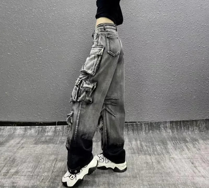 Jeans Women Denim Distressed Multi Pocket Y2k Streetwear Cargo Pants Casual High Waist Zipper Fly Winter Gradient Mom Jeans