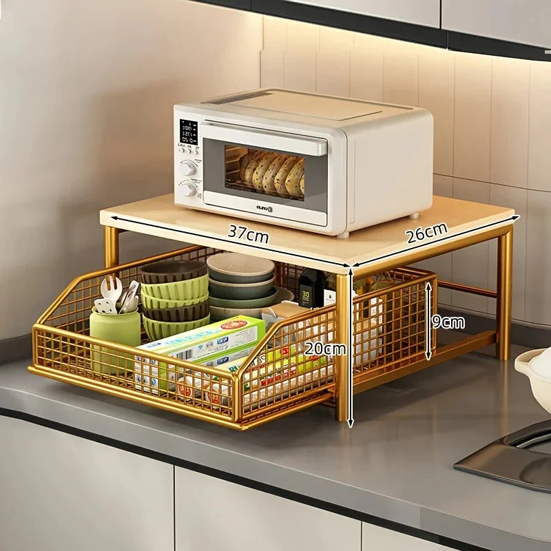 Microwave Oven Rack, 2-Tier Kitchen Countertop Storage Organizer, Solid Wood & Metal Shelf for Appliances, Spices & Tableware