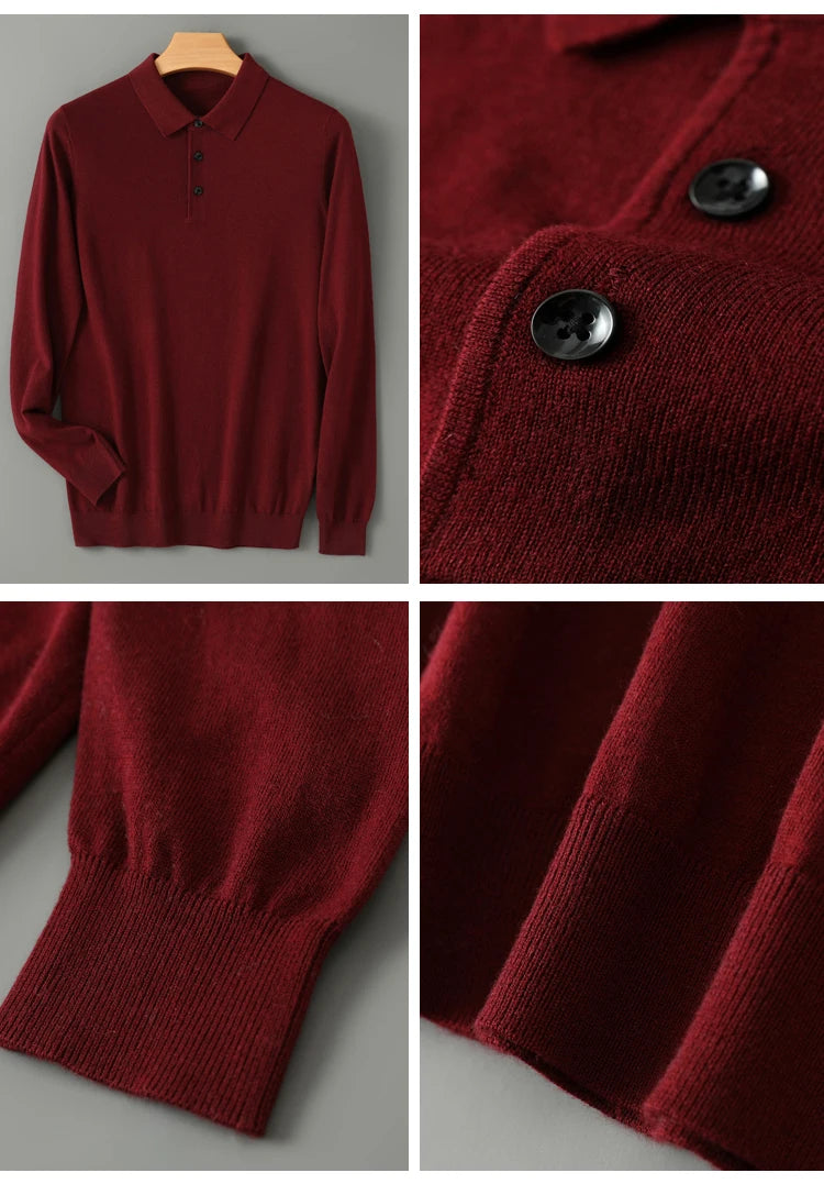 Men's Worsted Wool Kknit Pullover, Business Casual Polo Neck Sweater, Monochromatic Loose Top, Autumn and Winter Fashion, New