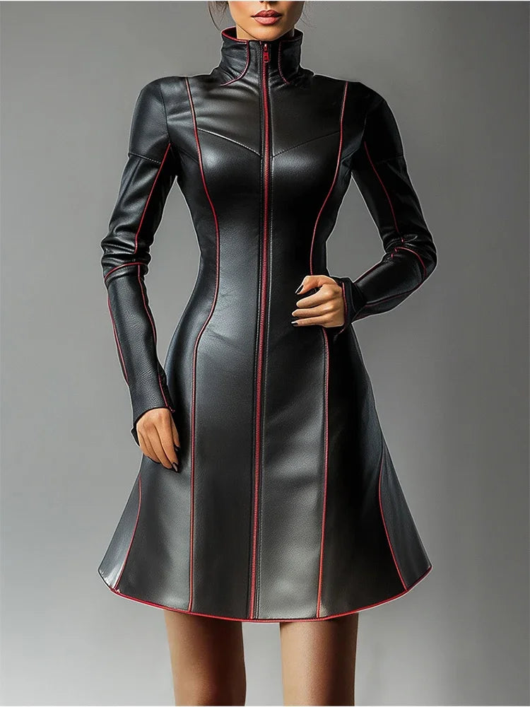 PU Leather Dresses for Women High Neck Zipper Contrast Binding  Mini Dress Women Long Sleeve Elegant A-Line Dress Streetwear Top