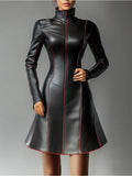 PU Leather Dresses for Women High Neck Zipper Contrast Binding  Mini Dress Women Long Sleeve Elegant A-Line Dress Streetwear Top