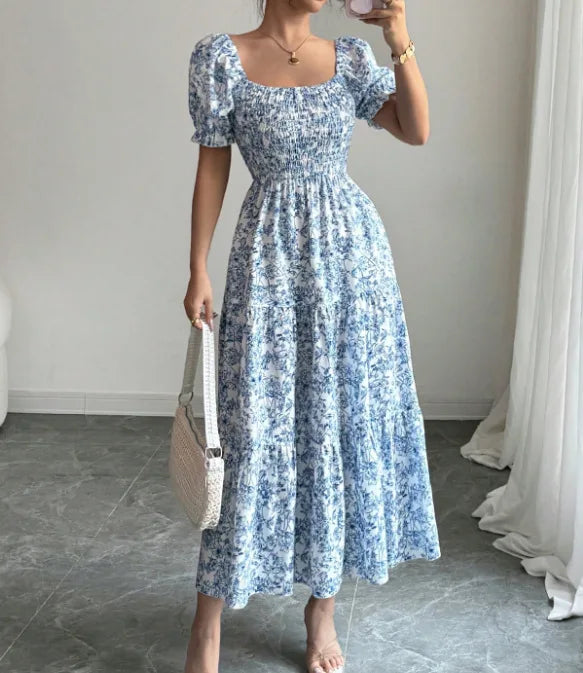 Spring and Autumn Women's Square Neck Short Sleeve Long Skirt Fresh Printed Casual Fashion Slight Backless Temperament Dress