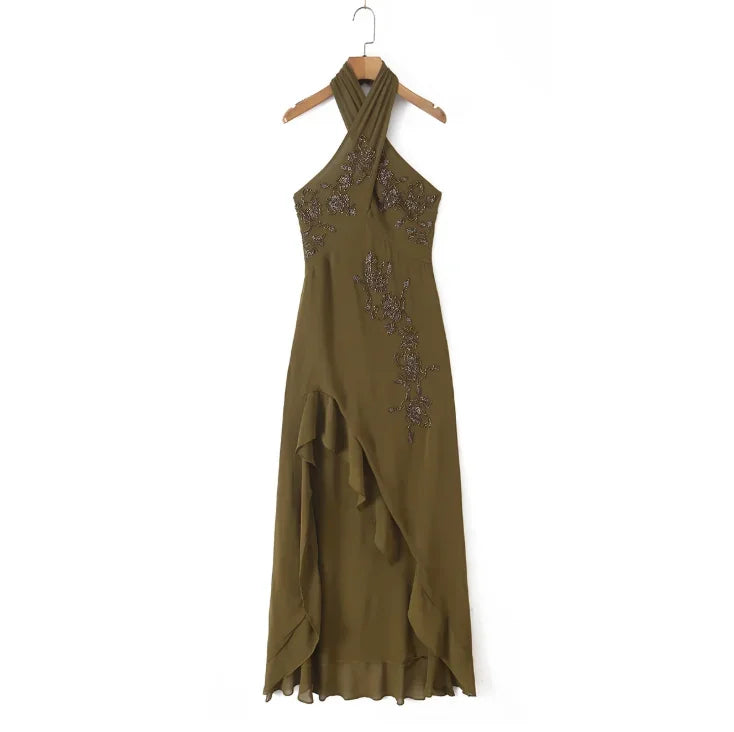 Women Halter Neck Beaded Evening Maxi Dress Floral Rhinestone Slit Ruffle Formal Party Gown 2026 Summer New Female Daily Outfit