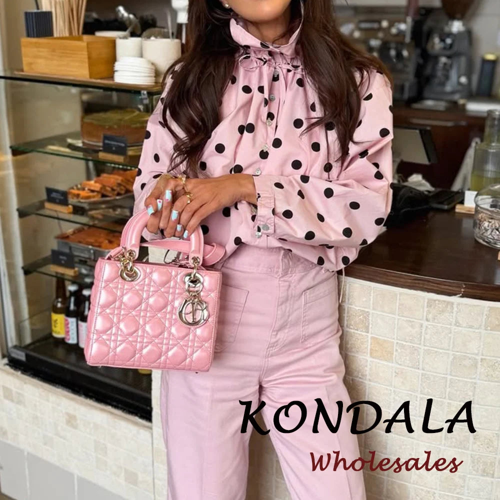 KONDALA Vintage Pink Polka Dot Pink Women Elegant Shirt Fashion 2026 Single Breasted Shirt Chic Night Party Fall Female Blouse