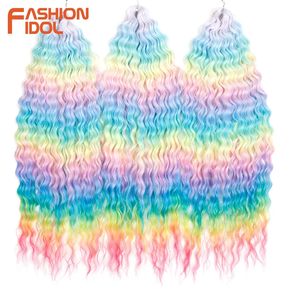 FASHION IDOL 24 Inch Ariel Hair Synthetic Crochet Curly Hair Water Wave Braid Hair Ombre Pink Deep Wave Braiding Hair Extensions