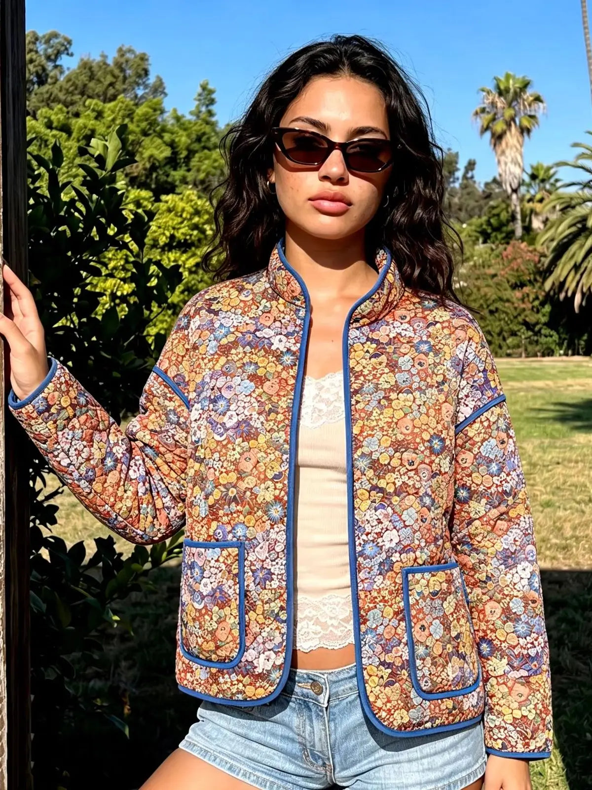 Womens Fall Winter Jackets Floral Print Stand Collar Open Front Quilted Coat Long Sleeve Padded Outerwear Vintage Casual