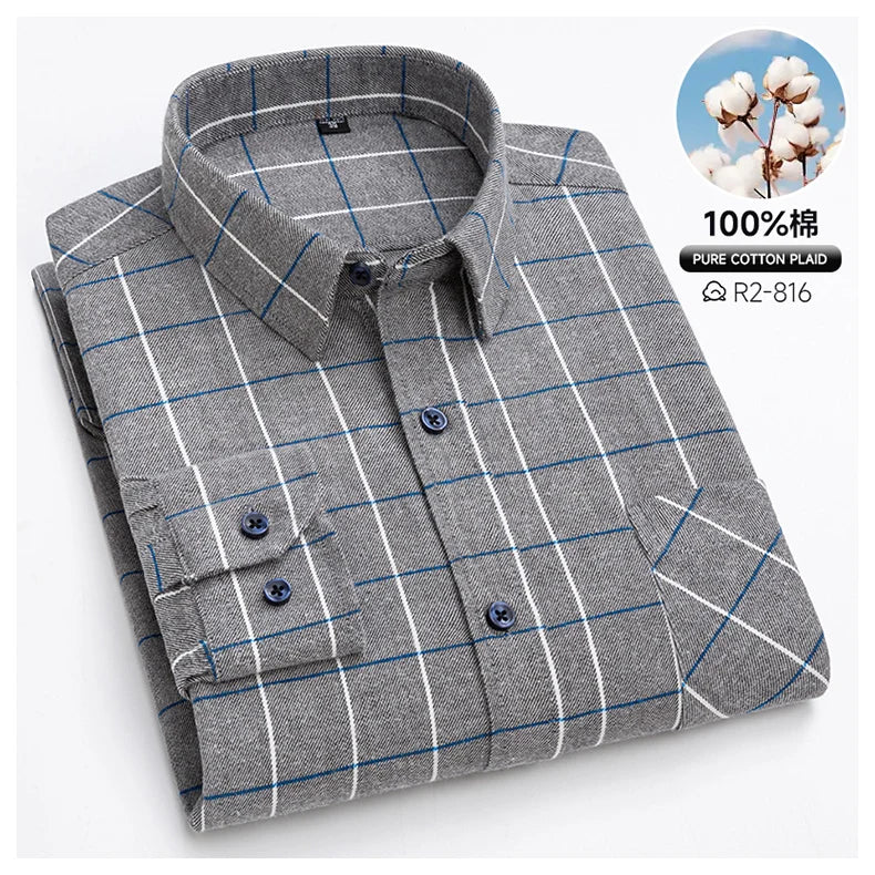 Classic Retro Plaid Flannel Shirt Long Sleeve 100% Cotton Fashion Casual Soft Spring Autumn Winter Standard Pocket Men's Shirt