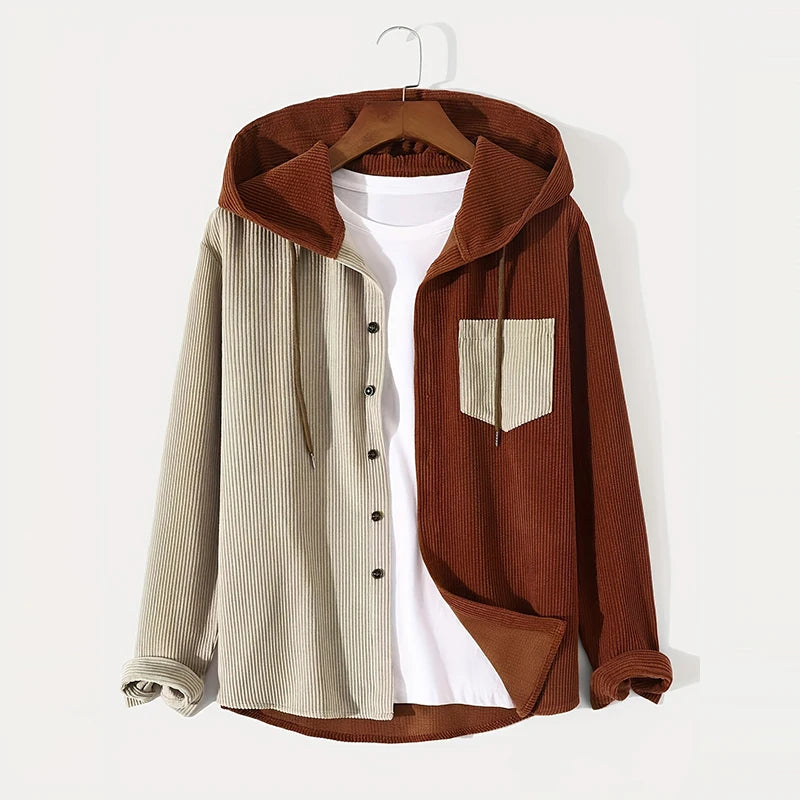 Autumn Men Patchwork Hooded Corduroy Shirts Long Sleeve Beige and Brown Fashion Cardigan Tops Retro Hoodies Premium Daily Blouse