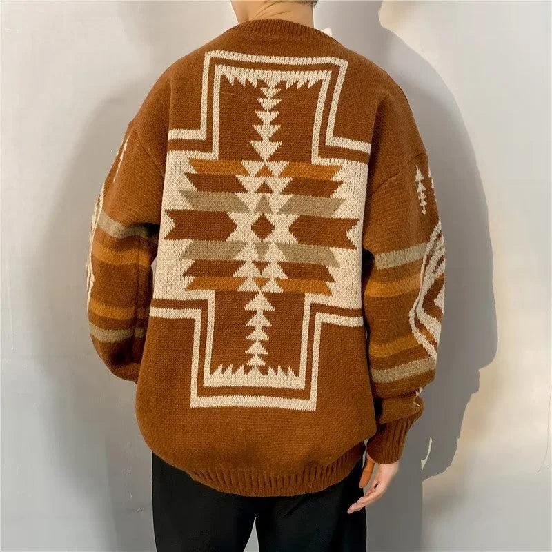 Autumn Men's Ethnic Style O-Neck Knitted Sweaters Y2K Vintage Streetwear Knitwear 2025 New Casual Pattern Printed pull homme