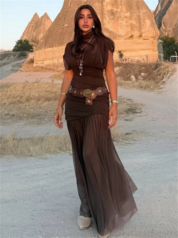 Tossy Black Mesh Fashion Maxi Dress For Women Sleeveless See-Through Patchwork Pleated Party Dress Female Autumn Long Dress 2025