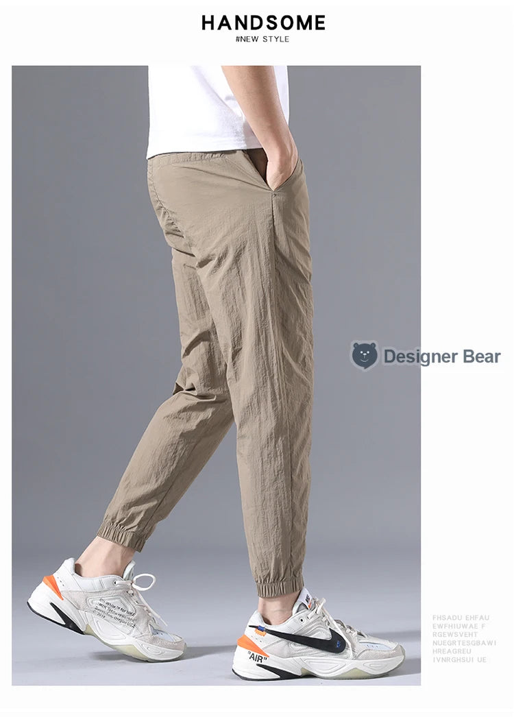 2026 Summer Thin Men's Wrinkled Fabric Loose Tapered Harem Pants Quick-Dry Elastic Cuff Casual Trousers Elastic Waist City Boy