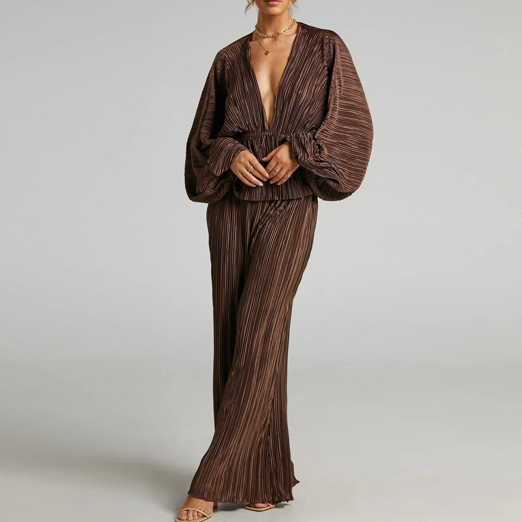 Women's Two Piece Set Deep V Neck Pleated Tops with Wide Leg Pants Stretchy Sexy Casual Outfit