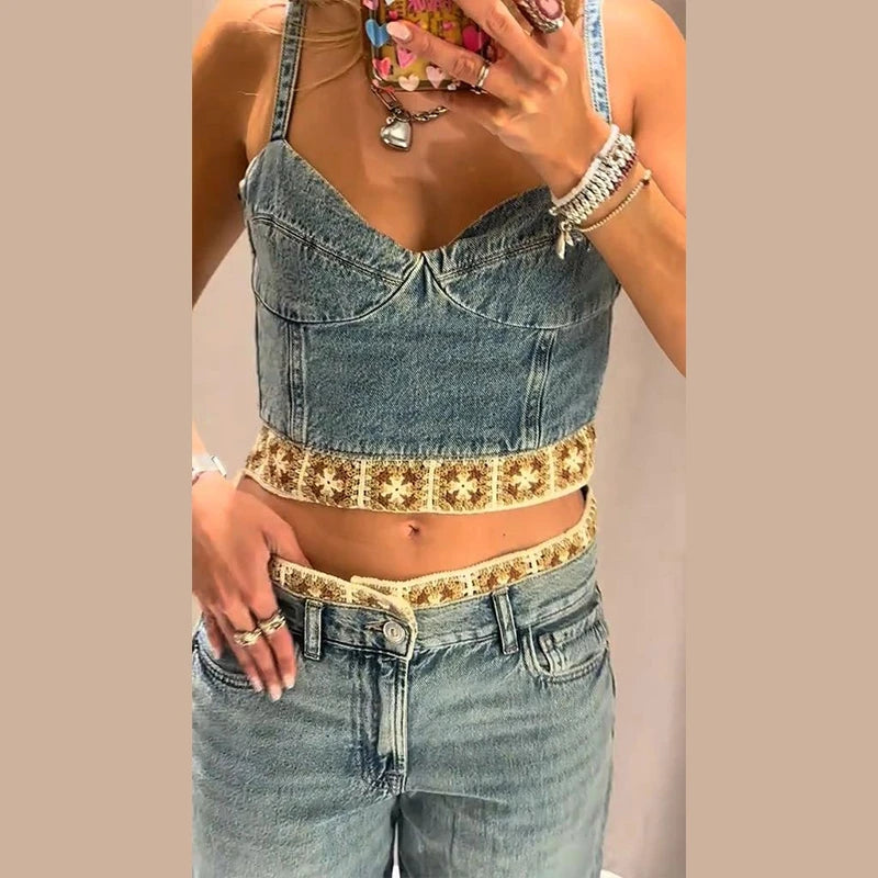 Crochet Splicing Cropped Top Jeans Set 2026 Summer New Ladies Sexy Backless Tank Top Straight Leg Denim Pants Women's Outfits