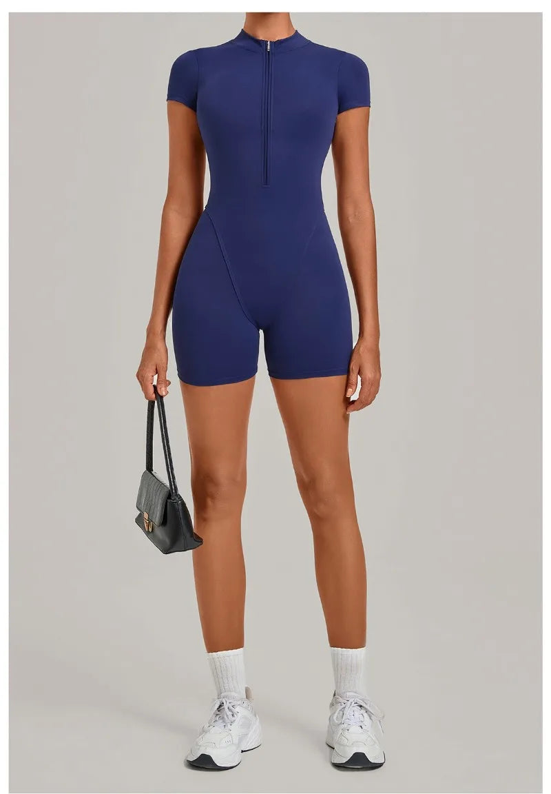 Women's Seamless Yoga Jumpsuits Sports Fitness Hip-lifting Short-sleeved Backless Training Workout Gym Shorts One-piece