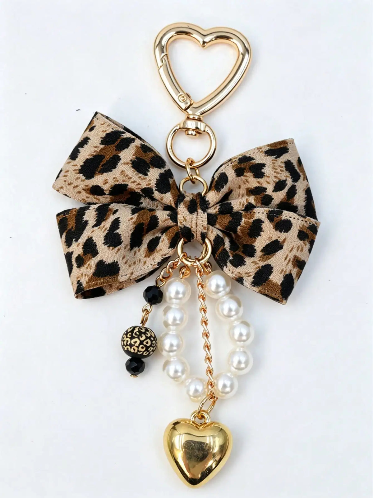 Leopard Print Bow Keychain Heart Pendant Women's Bag Simple Charm Pearl Keychain Beaded Charm Gift For Women